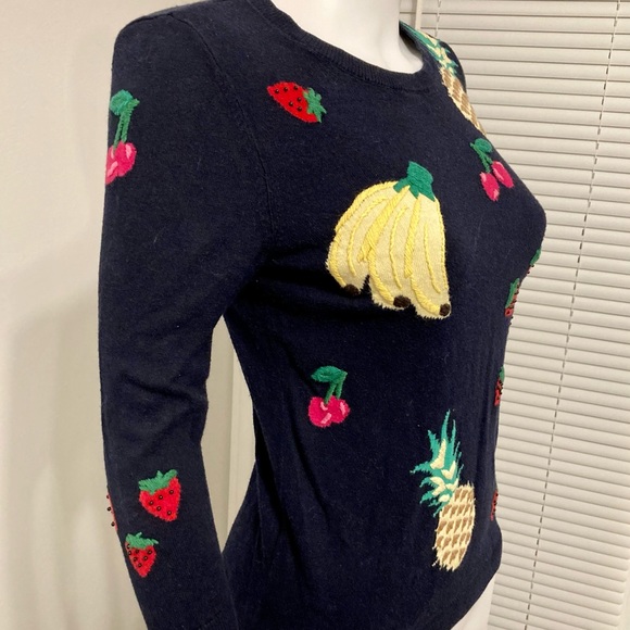 Talbots Sweater Fruit Print Embellished 3/4 Sleeves Navy Cotton Blend Size- XS - Picture 3 of 12